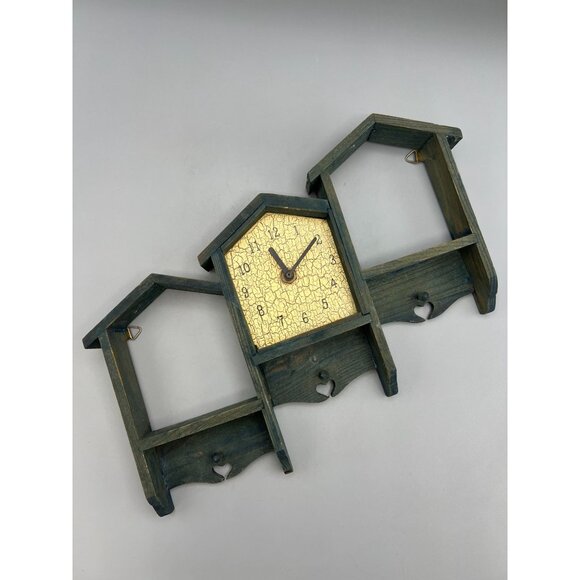 Wooden Clock with Built In Mini Shelves & Hooks Hearts 12" W Green Cottage Core - Picture 8 of 9